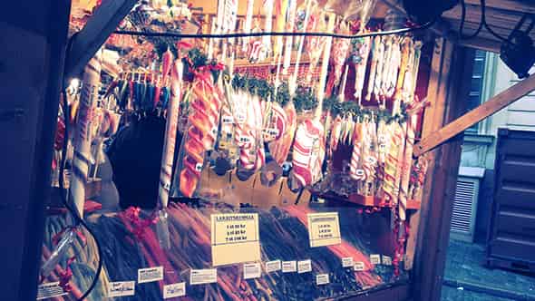 Candy-cane stall during the Christmas markets in Stockholm.